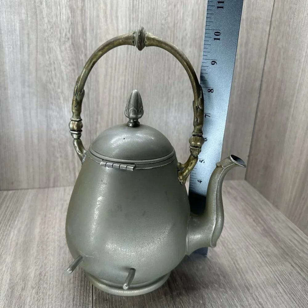 Vintage Decorative Metal Teapot with Ornate Brass Handle Hinged Lid Silver Tone